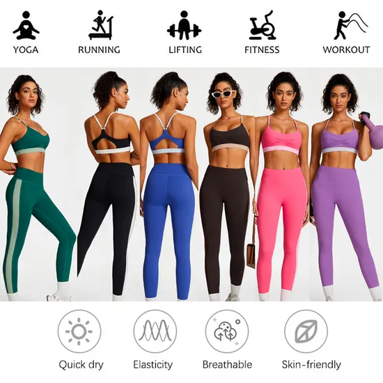 New Design 2 Piece Sexy Patchwork Matching Exercise Wear for Women, Sports Bras + High Waist Booty Gym Leggings with Side Strips Yoga Workout Set