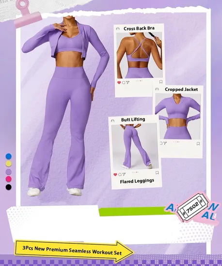 Custom Logo Womens Pupular Yoga Outfits Seamless Workout Attire Ropa De Mujer, Zipup Athletic Coat + Flared Leggings + V Neck Sports Bras Sexy Pilates Sweatsuit