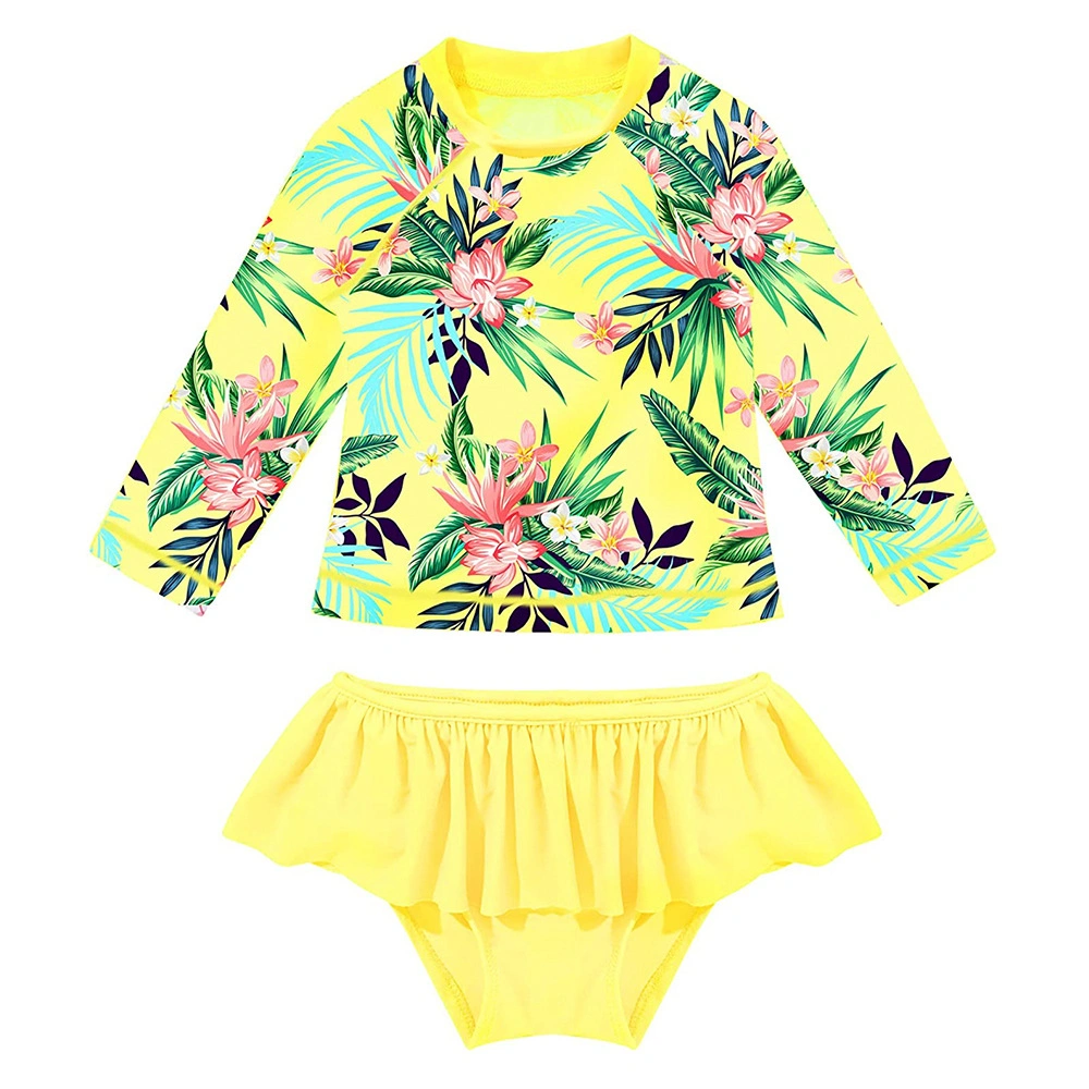 Toddler Girls Swimsuit Tankini Skirt Long Sleeves Flowers Printed Rashguard Swimwear Bathing Suit for Girls Set Summer Beach Wear